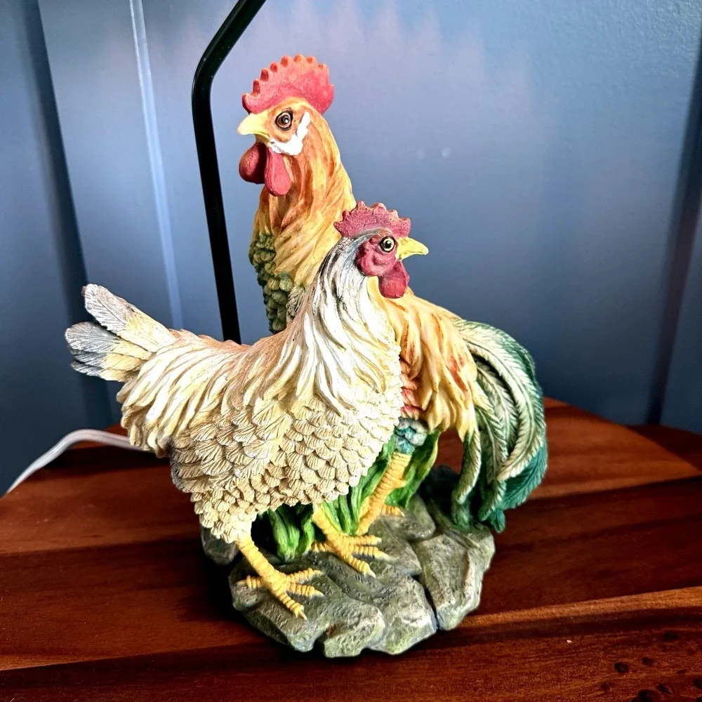 Vintage Rooster and Chicken Table Lamp Plaid Shade Farmhouse Cottage 20